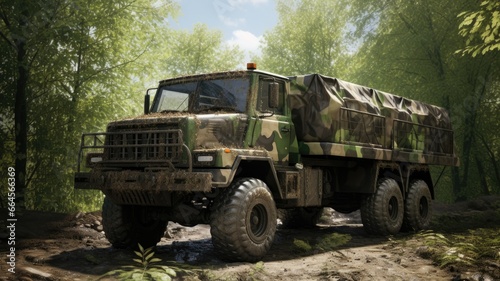 a military vehicle in full camouflage coloration, blending seamlessly into its natural surroundings, exemplifying the essence of tactical concealment.