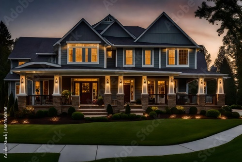 Beautiful New Home Exterior at Night: Home with Green Grass and Covered Porch