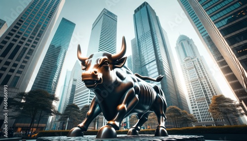 Photo capturing a commanding bull statue in the central area of a bustling financial district. Modern skyscrapers rise in the backdrop photo