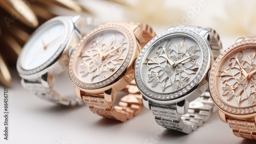 a collection of four women's watches, highlighting their diamond lattice design, elegant appearance, and meticulous detailing against a white backdrop.