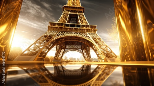Eiffel Tower in Golden Splendor - Behold the iconic Parisian landmark, the Eiffel Tower, in stunning gold. Ideal for travel posters and artistic designs.