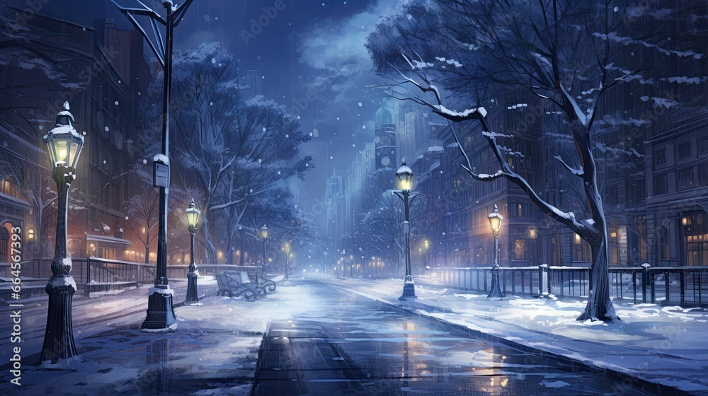  a painting of a city street at night with snow on the ground.  generative ai - obrazy, fototapety, plakaty 