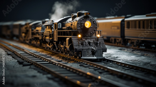 A collection of model trains, running on a miniature track photo