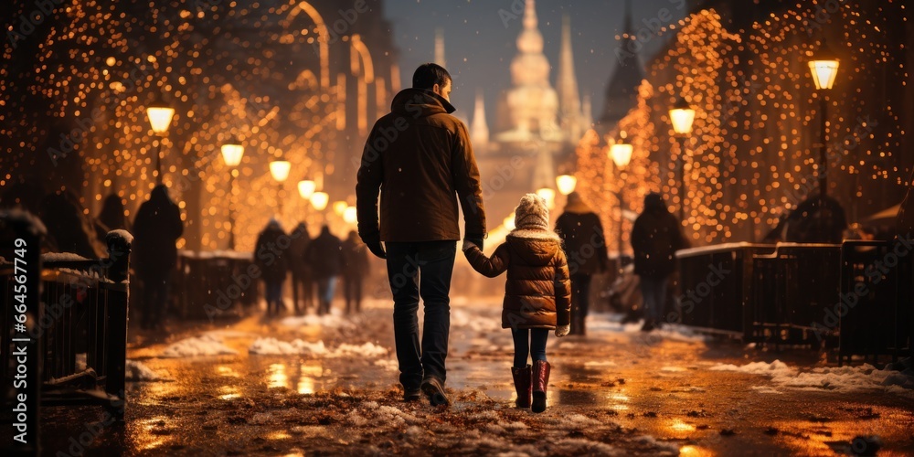 A happy father and his child walk at night along an alley decorated with festive garlands. back view. Banner