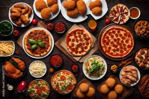 Buffet table scene of take out or delivery foods. Pizza