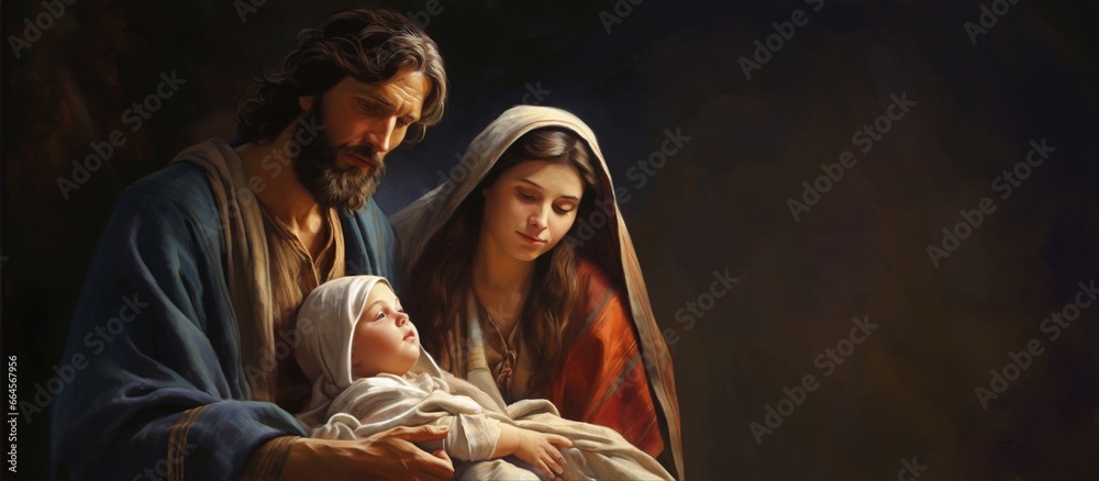 Obraz premium Christmas story. Christmas night, Mary, Joseph and the baby Jesus, Son of God , symbol of Christianity , generative ai