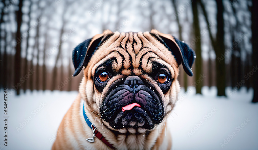 Pug dog in winter forest. Portrait of a purebred dog.