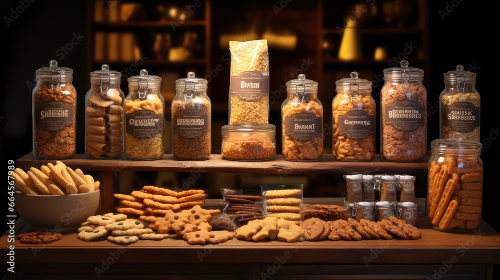 a display featuring a variety of bundled dog biscuits, ready for sale and highlighting their deliciousness.