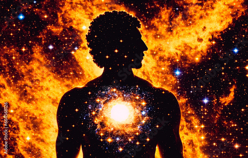 Human body with glowing nebula and stars. Science fiction illustration. The concept of God in the image of a man against the background of the universe. Generative AI.