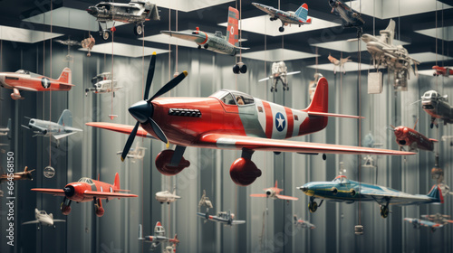 A collection of model airplanes, suspended from the ceiling