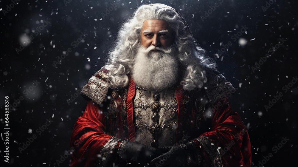 Portrait of cool Santa Claus on dark background. Generative AI.