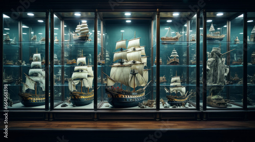 A collection of model ships, on display in a glass case photo