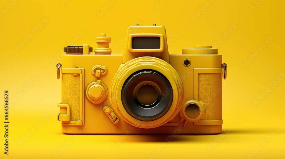 Retro Camera Nostalgia - Step back in time with this 3D illustration of a yellow vintage photo camera on a yellow background. Capture the essence of classic photography.