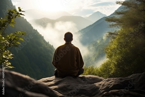 Man meditating in the midst of a majestic natural landscape