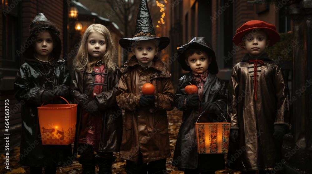 Children having fun on Halloween like masks