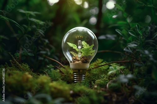 Glowing bulb amidst abundant plants, representing green energy, nature preservation, renewable energy, ecology, and conservation. Generative AI