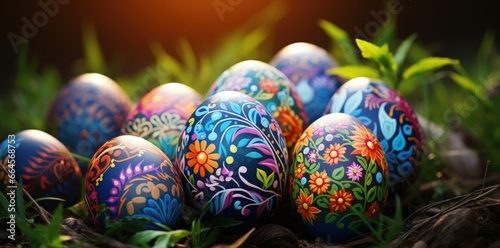 Vibrant Easter Eggs on Grass with Floral Designs