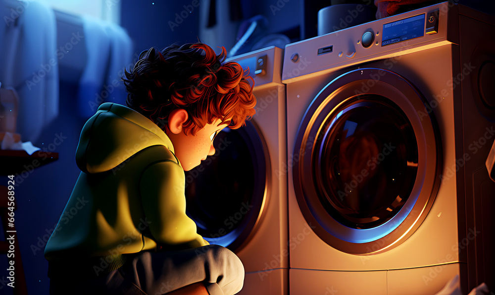 3D illustration of teenage boy squatting in bathroom in evening waiting for his clothes to be washed in laundry machine - obrazy, fototapety, plakaty 