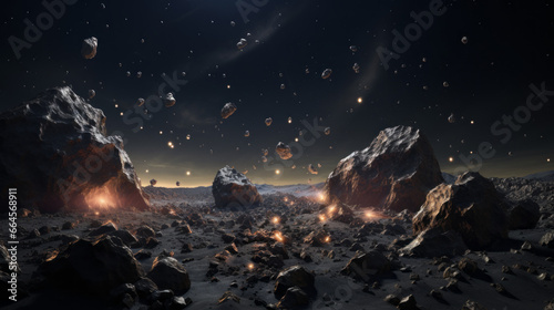 A colorful asteroid field filled with rocks and boulders of all sizes