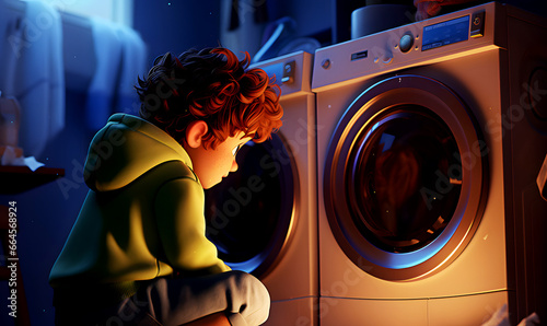 3D illustration of teenage boy squatting in bathroom in evening waiting for his clothes to be washed in laundry machine