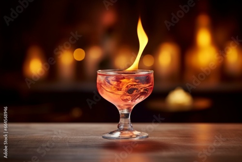 A hazy drink placed on a surface near a lit flame. Generative AI