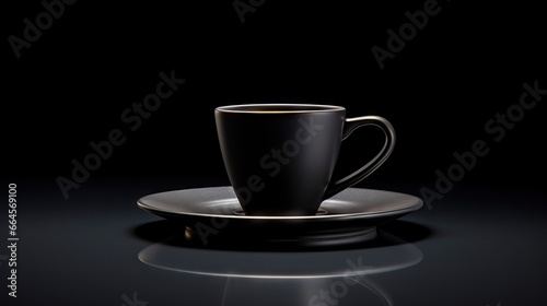  a black coffee cup and saucer on a black table.  generative ai