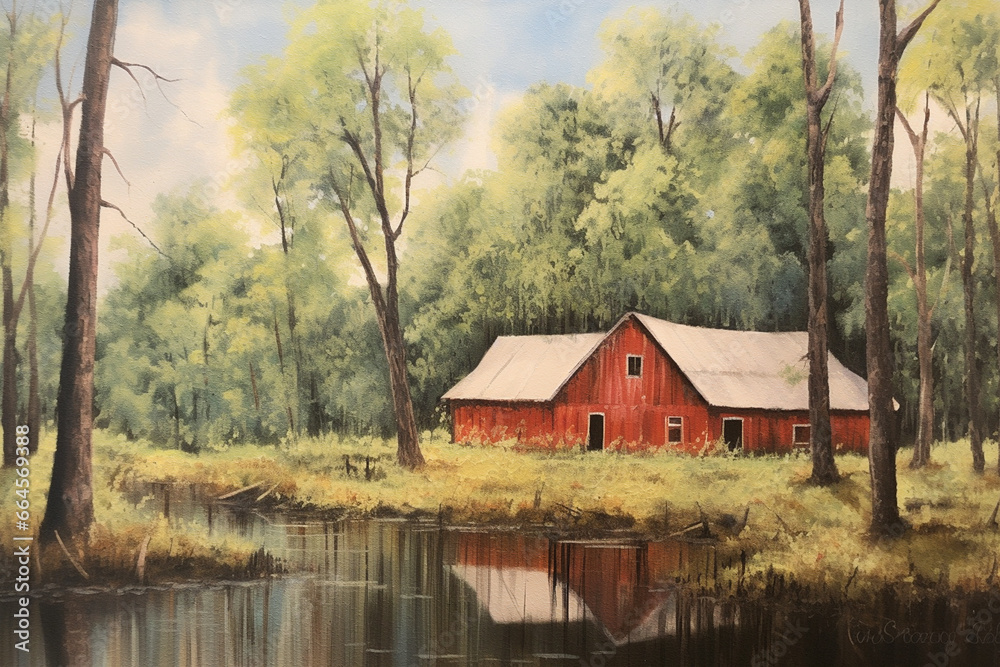 Silent Retreat: A Barn in the Woods, Captured in an Oil Painting on Paper Silent Retreat: A Barn in the Woods, Captured in an Oil Painting on Paper