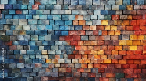  a colorful brick wall with many different colored bricks on it.  generative ai
