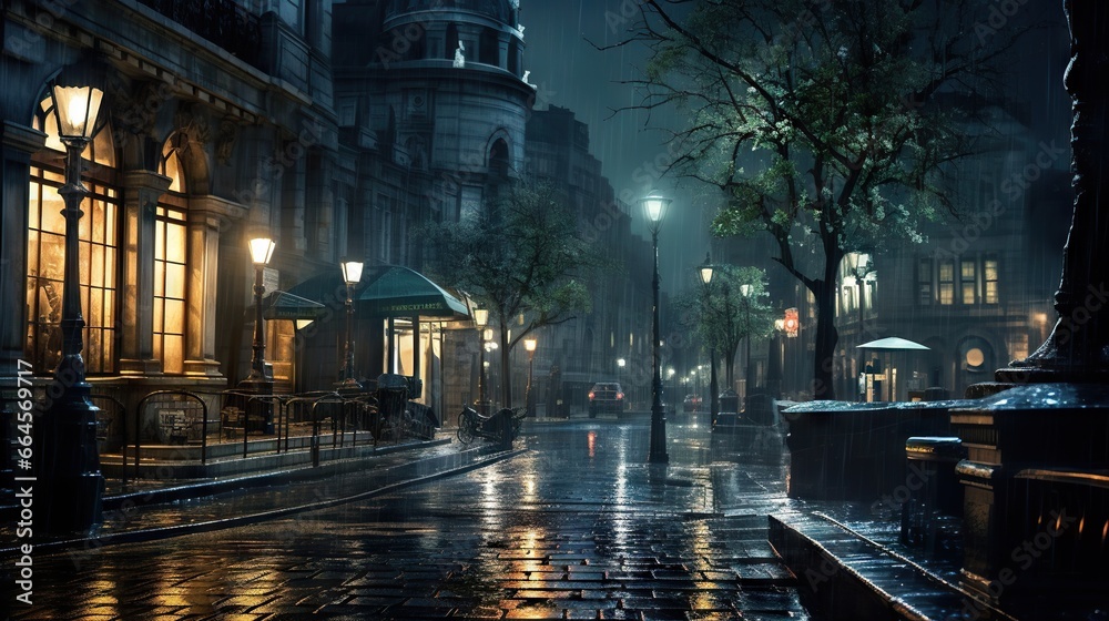 Fototapeta premium a city street at night with a person walking down the street. generative ai