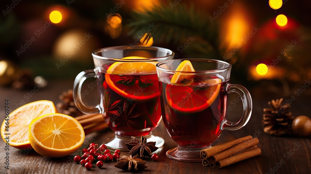 Christmas mulled red wine with spices and fruits on a wooden rustic table. Winter traditional hot drink. Blured background. Christmas mulled red wine with spices and fruits on a wooden rustic table. Winter traditional hot drink. Blured background.