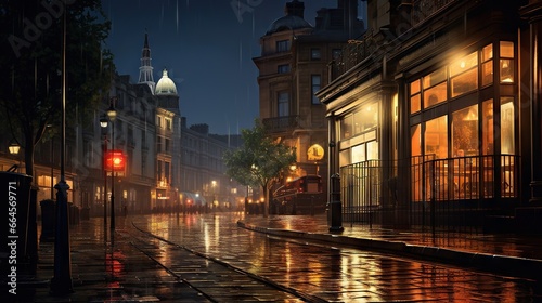  a city street at night with rain falling on the ground. generative ai