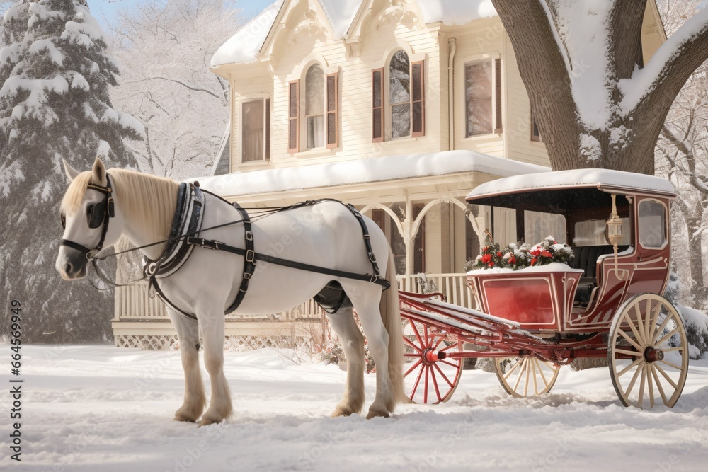 Horse-drawn carriage in front of snowy Victorian house. Classic winter holidays scene. New Year and Christmas concept. Design for greeting cards, posters, prints