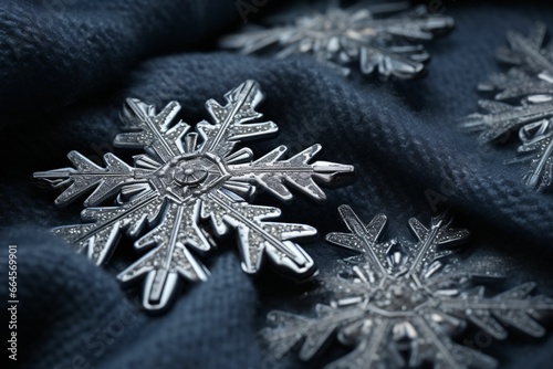 Close-up view of snowflake ornaments on deep blue fabric. Intricate winter patterns. New Year and Christmas concept. Design for greeting card, poster, print