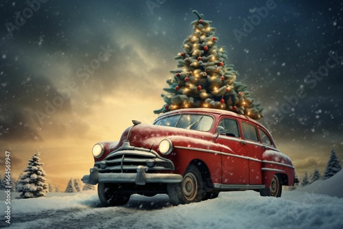 Vintage car with lit Christmas tree on snowy evening. Christmas and New Year holidays. Winter adventure concept. Design for greeting card, poster, print with copy space for text