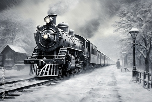 Steam train journey through snowy countryside. Winter holidays and festive transportation concept. Design for posters, greeting cards, wallpapers