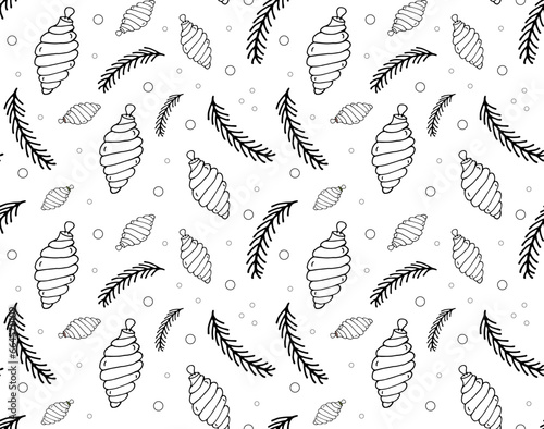 Christmas seamless pattern balls tree brunch. Black and white Vector illustration.