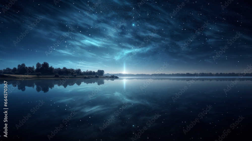 A crystal clear lake reflects the star-filled night sky above, the moonlight creating a beautiful ripple of light across its surface A crystal clear lake reflects the star-filled night sky above, the moonlight creating a beautiful ripple of light across its surface