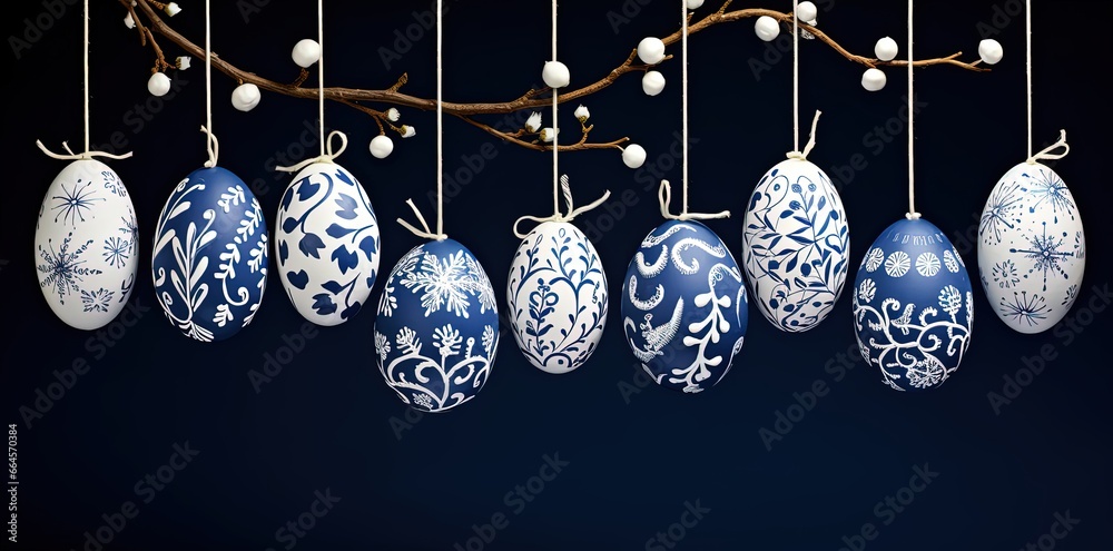 Elegant Blue and White Easter Egg Collection Hanging from a Branch