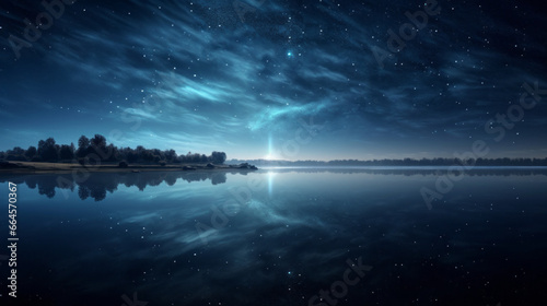 A crystal clear lake reflects the star-filled night sky above, the moonlight creating a beautiful ripple of light across its surface