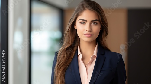 Portrait of a young smiling beautiful woman with long wavy hair. Close-up of the face against the backdrop of the office. Illustration for cover, card, postcard, interior design, decor or print.
