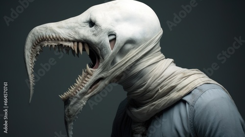 A strange extraterrestrial creature with huge teeth. An eerie image of a monster from another world.