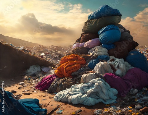 Mountains of clothes accumulating in garbage dumps, fast fashion.