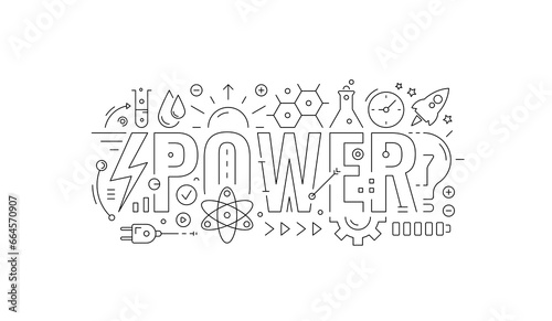 technical drawing power concept. power word and power symbols. outline power word