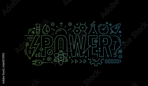 technical drawing power concept. gradient power word and power symbols. outline power word on black background