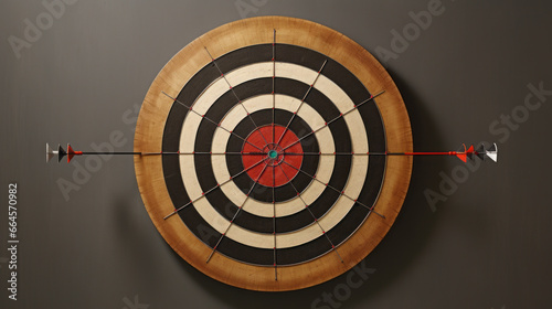 A dartboard on a wall, with darts lined up beside it  photo