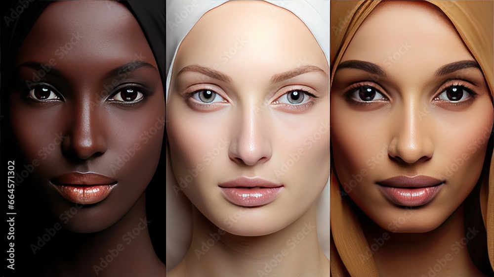 A collage of portraits of ethnically diverse beautiful young women looking at the camera. Multi-ethnic diversity and beauty. International community. Illustration for cover, card, interior design, etc