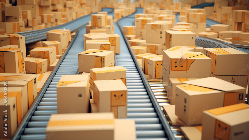 Boxes on rails in a warehouse Boxes on rails in a warehouse