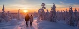 Winter holiday in Lapland - snow-covered forest with couple walking hand in hand
