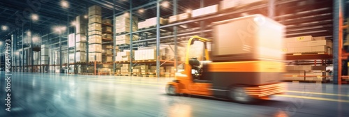 AI-driven forklift blurs in transit, epitomizing warehouse's fast-moving future