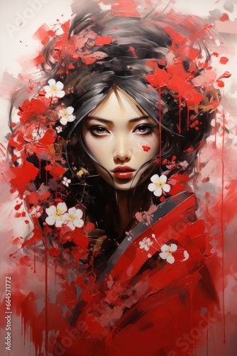 Floral Harmony: Asian Inspired Woman's Portrait Enriched with Flowers and Expressive Paint Splashes